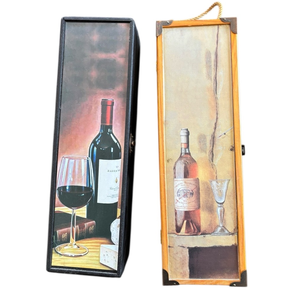 Single Wood Wine Boxes X2 Decorative Kitchen Bar Decor 13.5”X4”X3.5” Latched